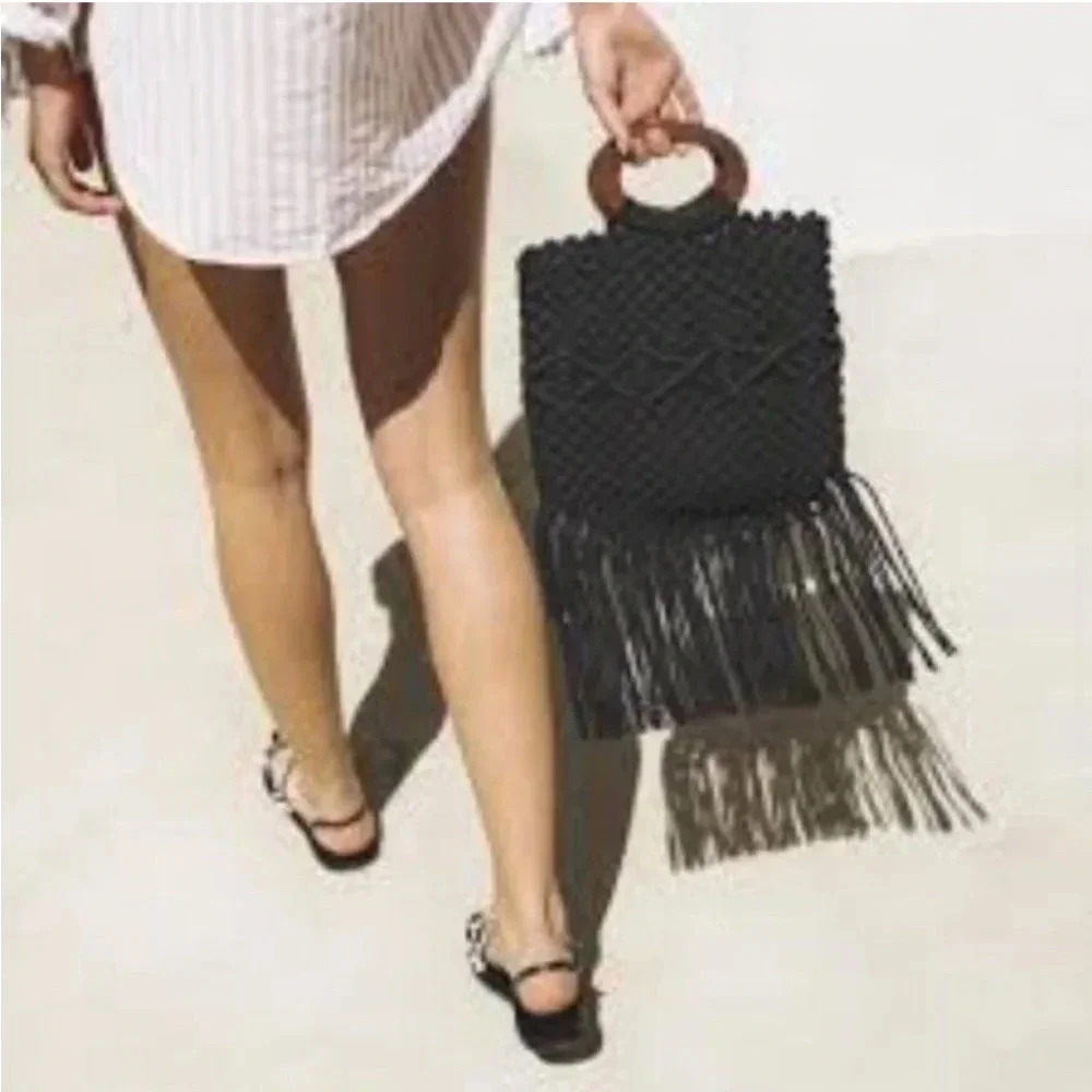Danielle‎ Nicole Black Macramé Boho Crossbody/Handbag with Fringe.